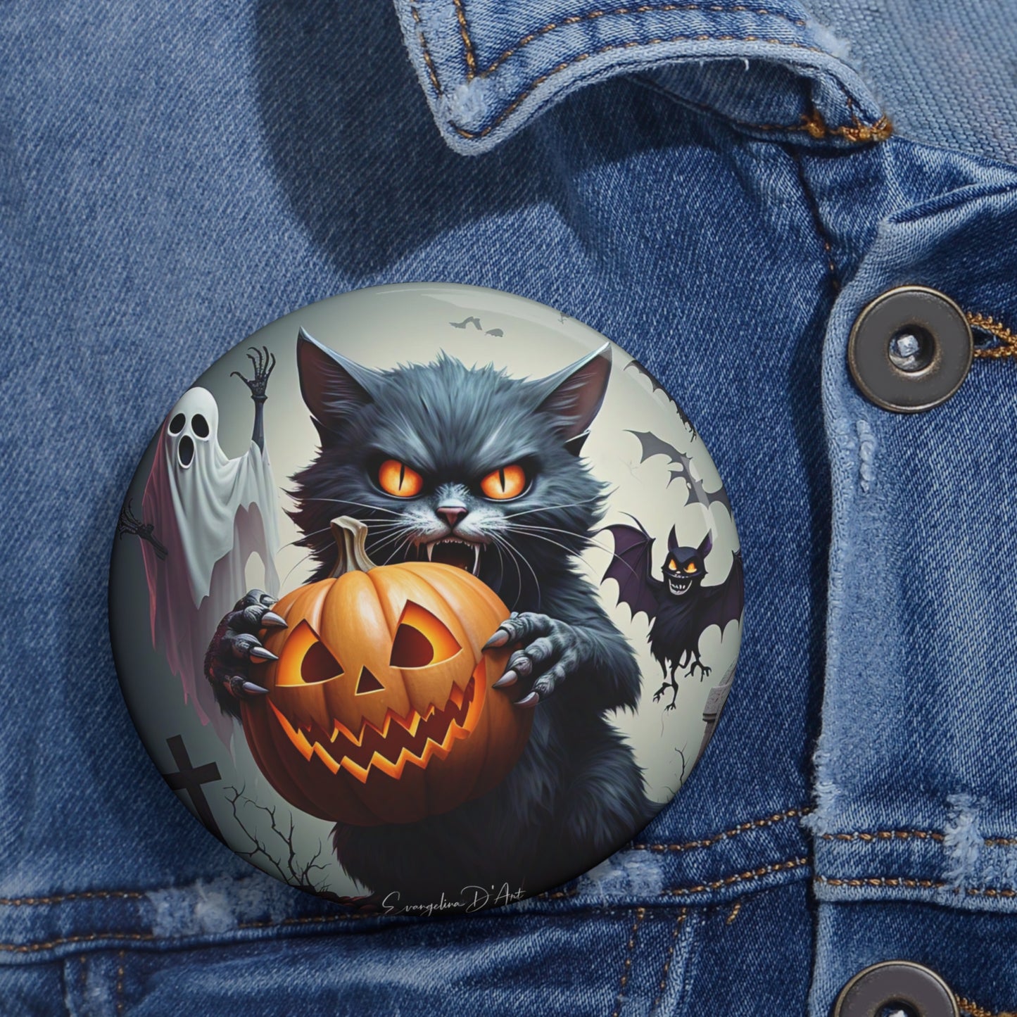 Haunted Pins,Spooky Cute Black Cat Button,Halloween Brooch,Accessory,hallow,Boo