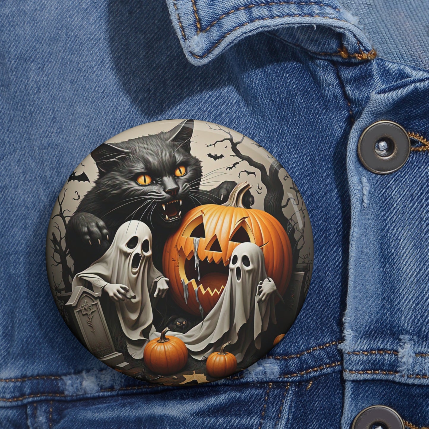 Halloween Ghost Pin Button,Black Cat Brooch,Accessories,Spooky Gift,Trick Treat