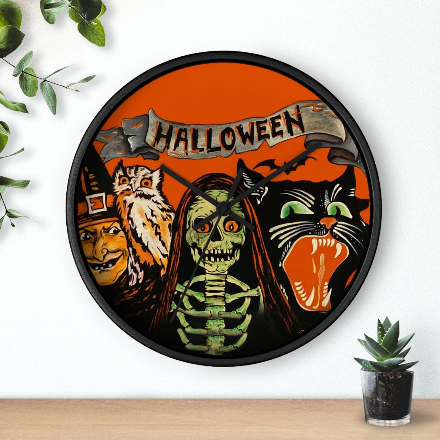 Halloween Wall Clock, Spooky Decor, Trick or Treat Timepiece, Witch,Black Cat