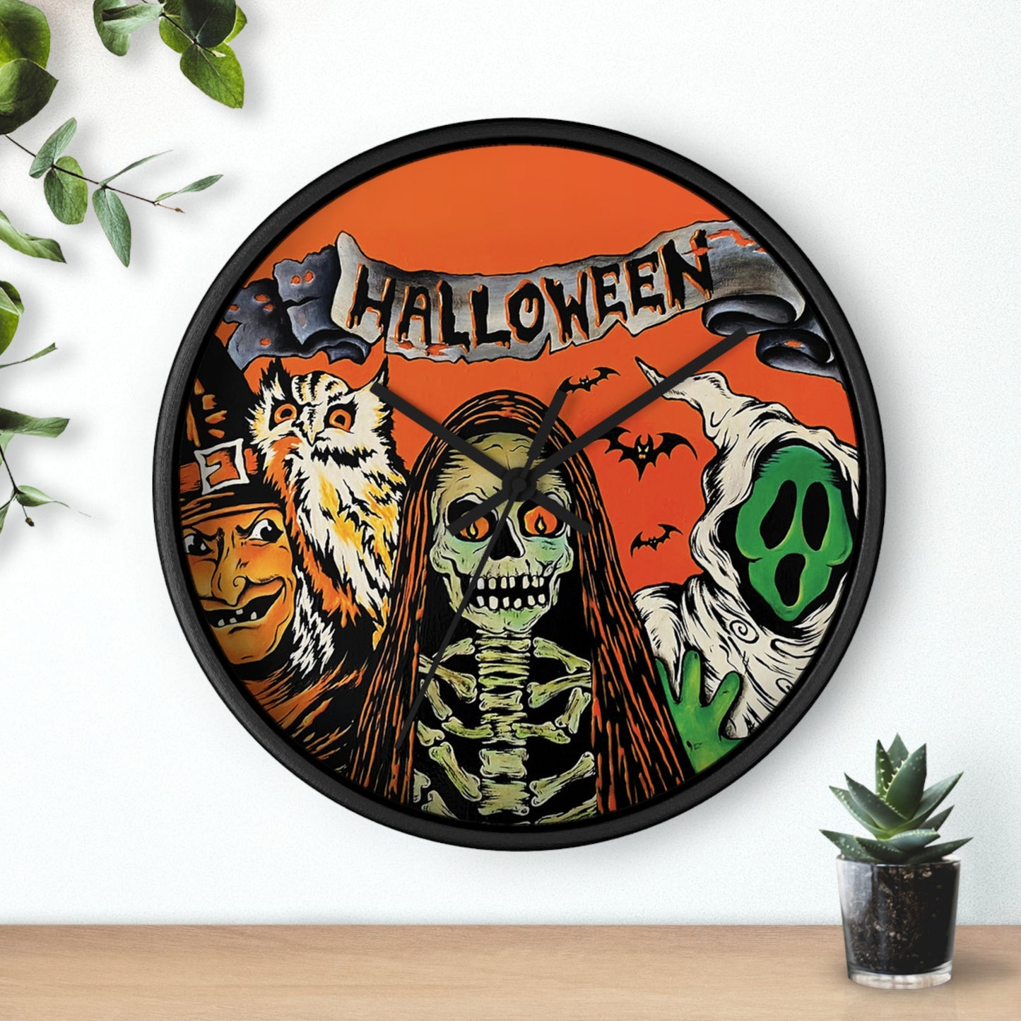 Halloween Wall Clock, Spooky Decor, Trick or Treat Timepiece, Witch, Pumpkin