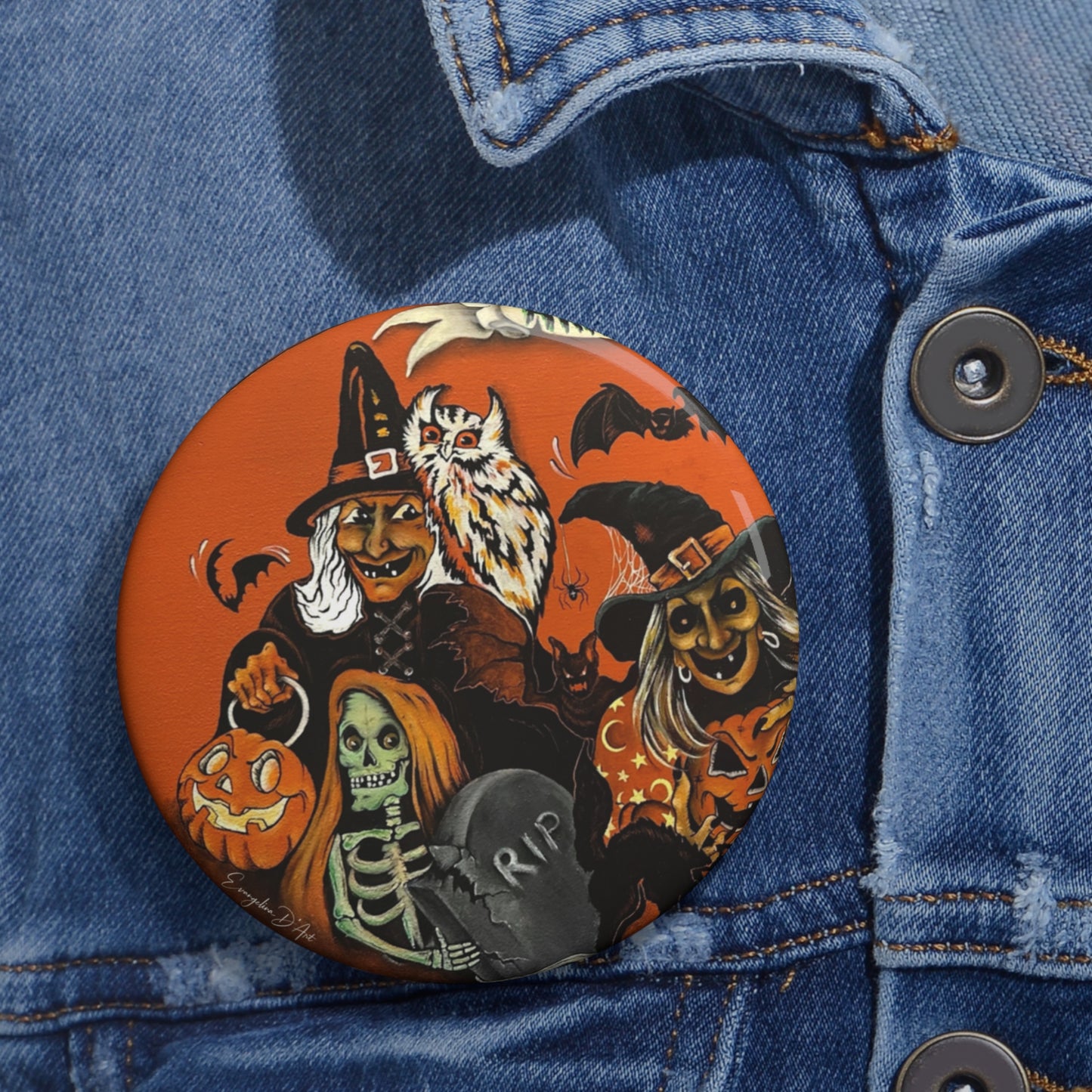 Vintage Halloween Witch Pumpkin Skeleton Pin Button,spooky,Accessories,Retro,boo
