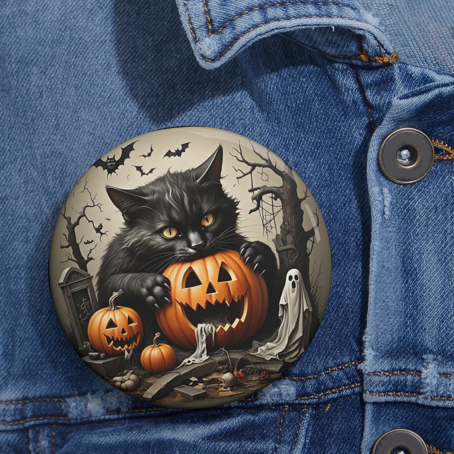 Halloween Pin Button,Black cat,Pumpkin,Trick or Treat,Halloween collectible, boo