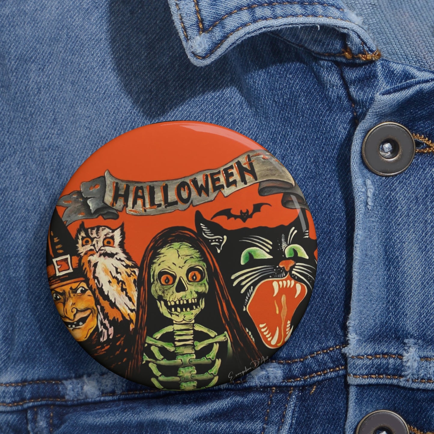 Vintage Halloween,Retro Pin Button,Spooky Gift,Haunted Art,Skeleton,Collectibles