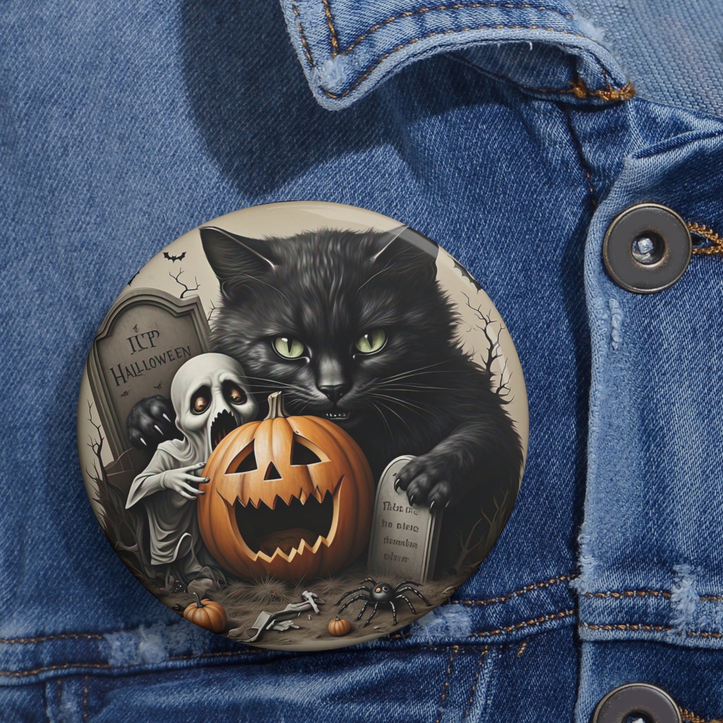 Haunted Halloween,Black Cat Pin Button,Ghost Brooch,Holiday Accessory,Spooky Pin