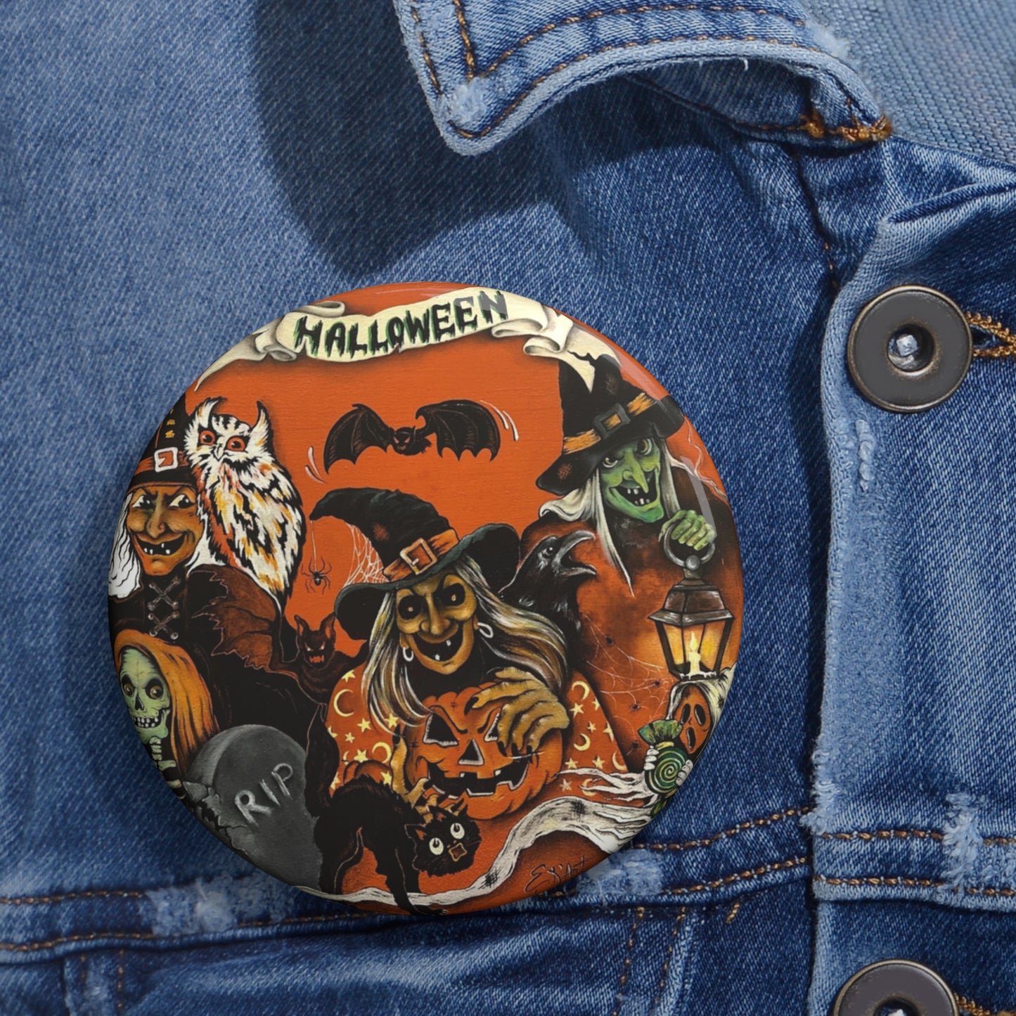 Vintage Halloween Witch Themed Metal Pin Button,Witch costume,Trick or Treat,boo