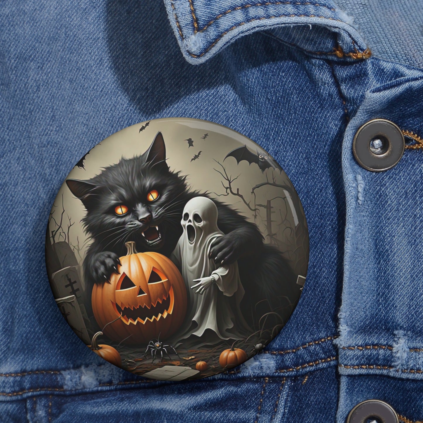 Halloween Black Cat Pin Button,Ghost,Grave,Bat,Jack-o-lantern,Brooch,Collectible