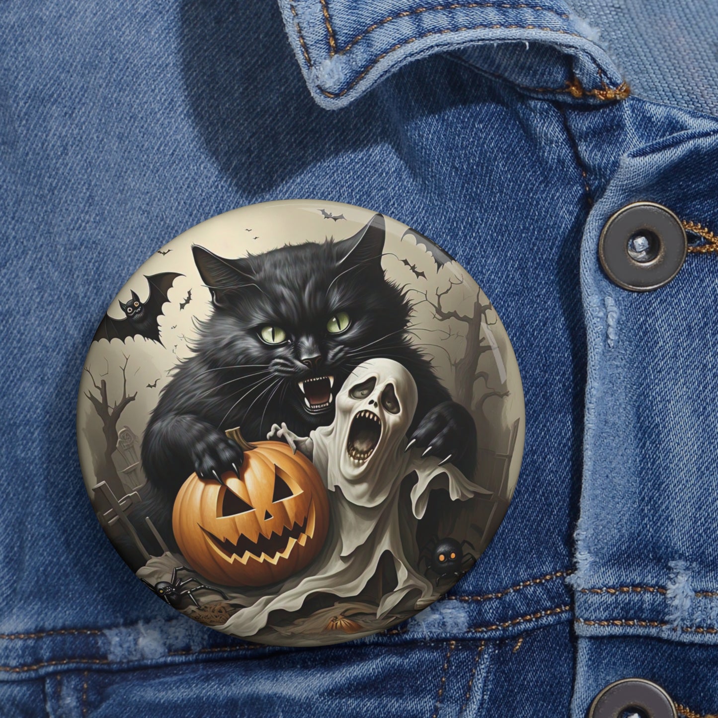 Scary Black Cat Pin Button,Spooky Brooch,Ghost,Bats,Grave,Halloween Gift,Haunted