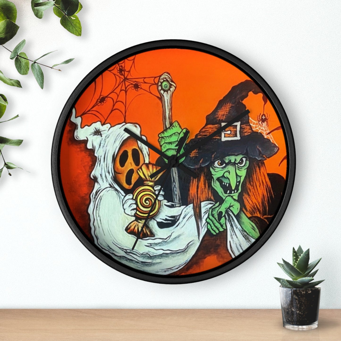 Halloween Wall Clock, Spooky Decor, Trick or Treat Timepiece,Witch, Ghost,Spider