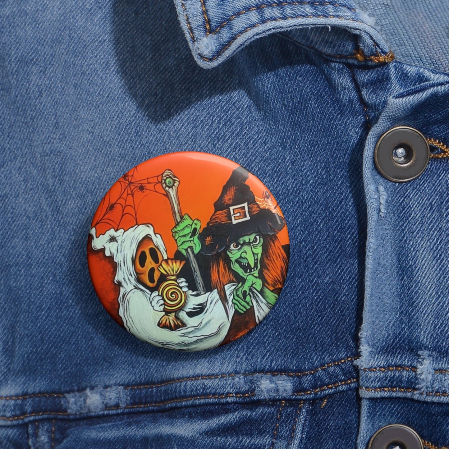 Vintage Halloween Ghost Witch Pin Buttons,Spooky Accessory,Retro,Trick or Treat