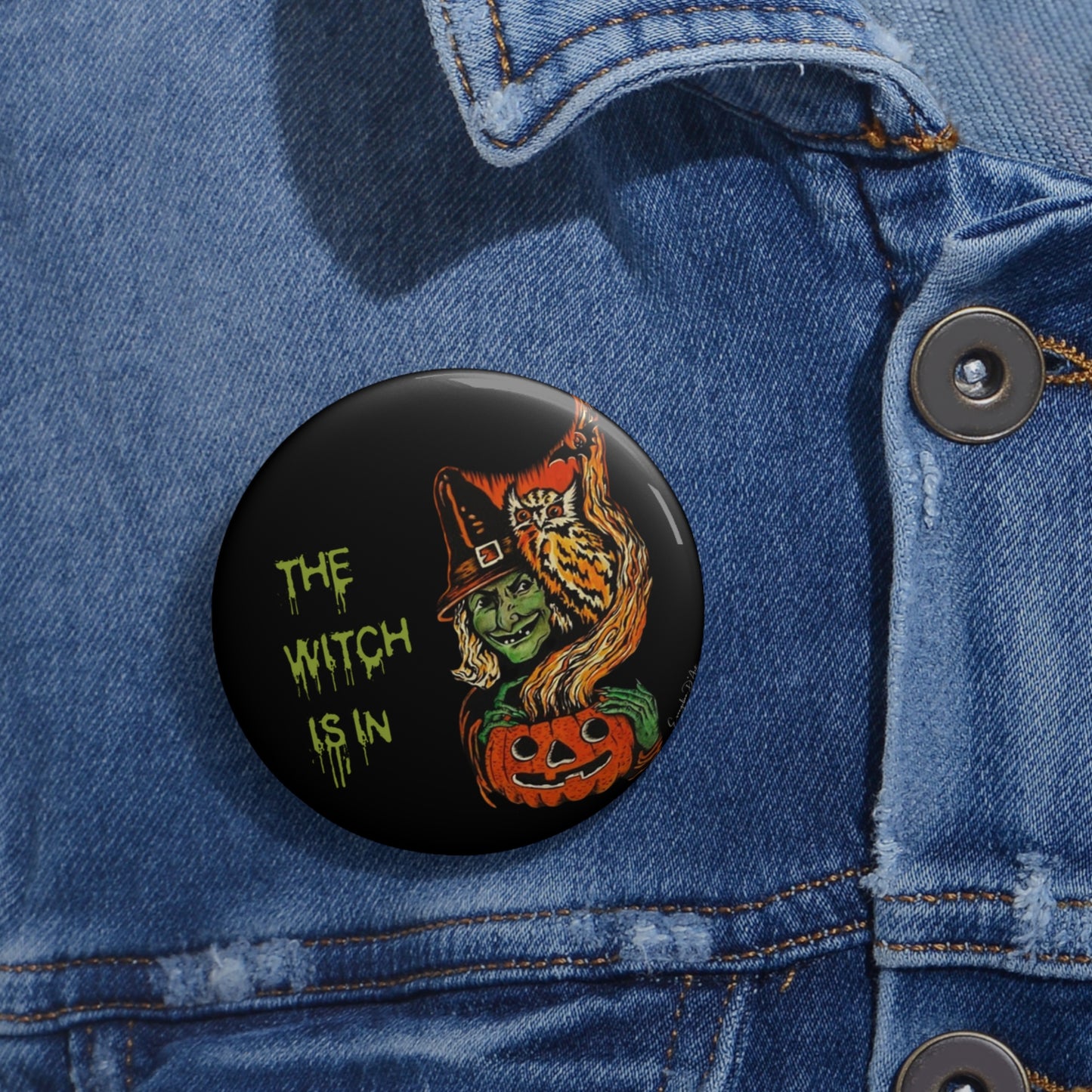 Vintage Halloween Witch Pin Button,Halloween Badge,Spooky Retro Brooch,Pumpkin