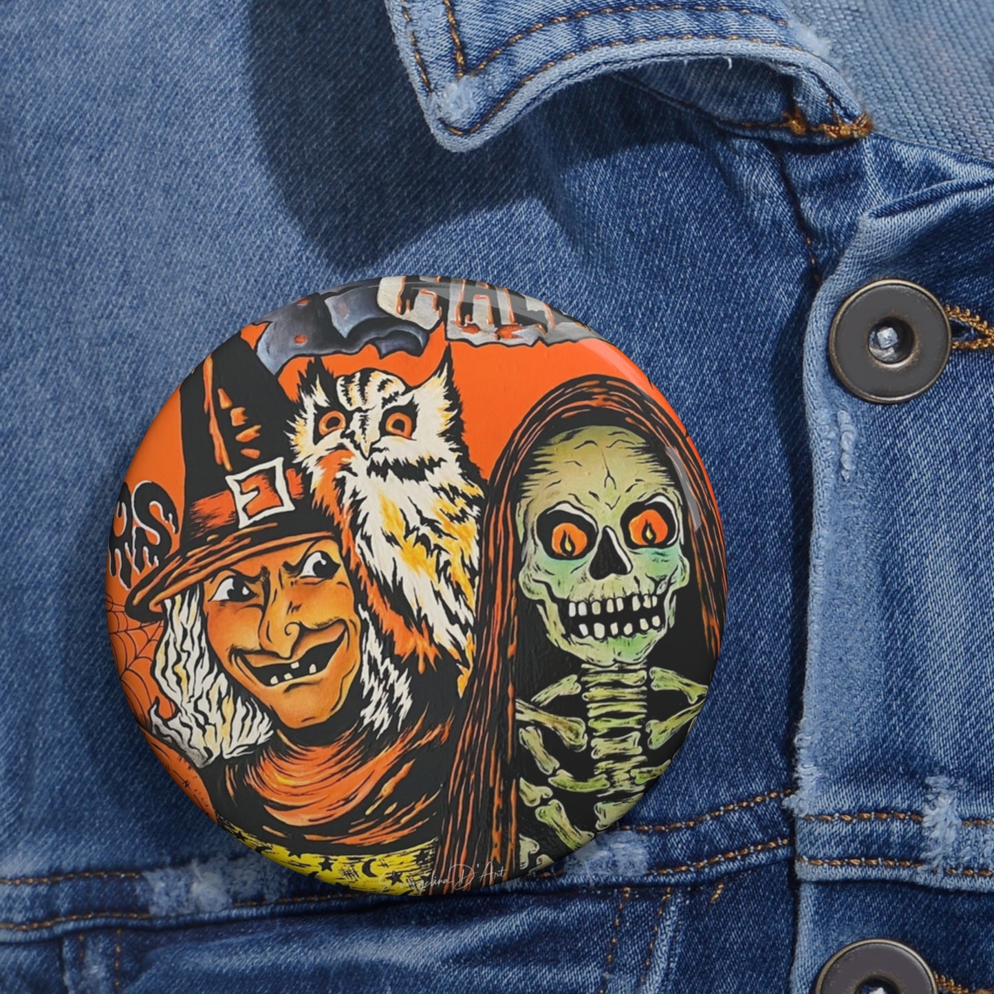 Vintage Halloween Art,Ghost Witch Owl Pin Button,Halloween collectible,Skeleton