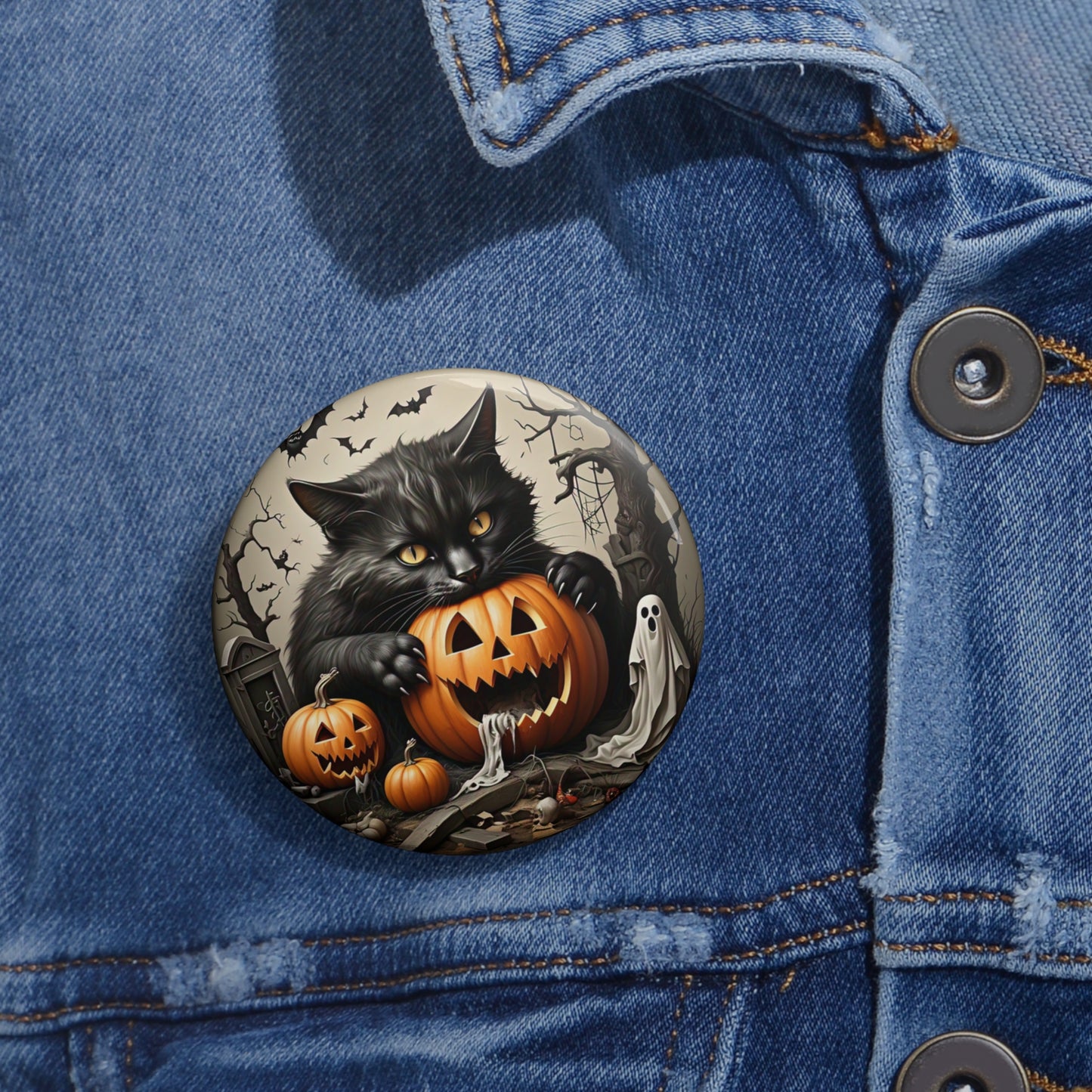 Halloween Pin Button,Black cat,Pumpkin,Trick or Treat,Halloween collectible, boo