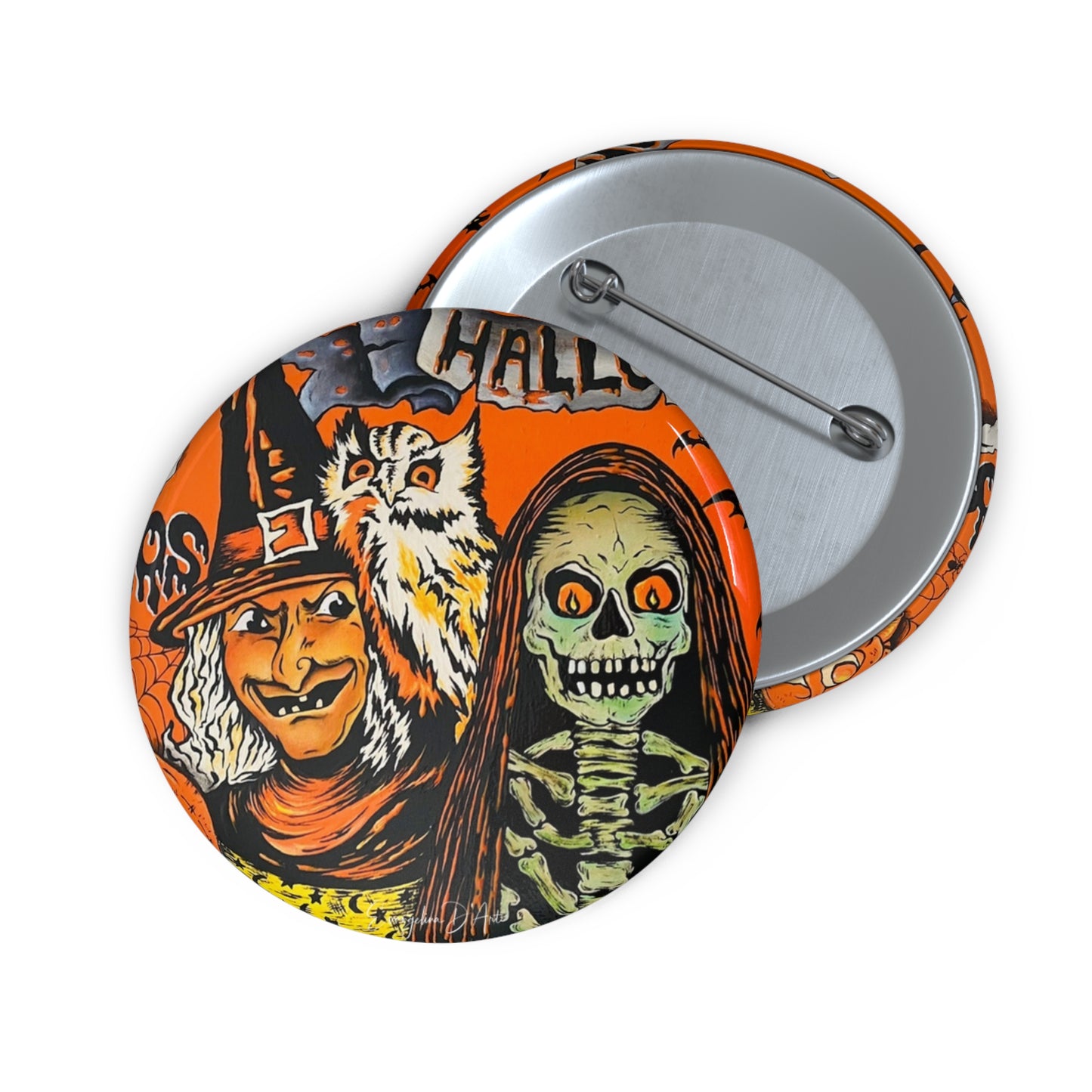 Vintage Halloween Art,Ghost Witch Owl Pin Button,Halloween collectible,Skeleton