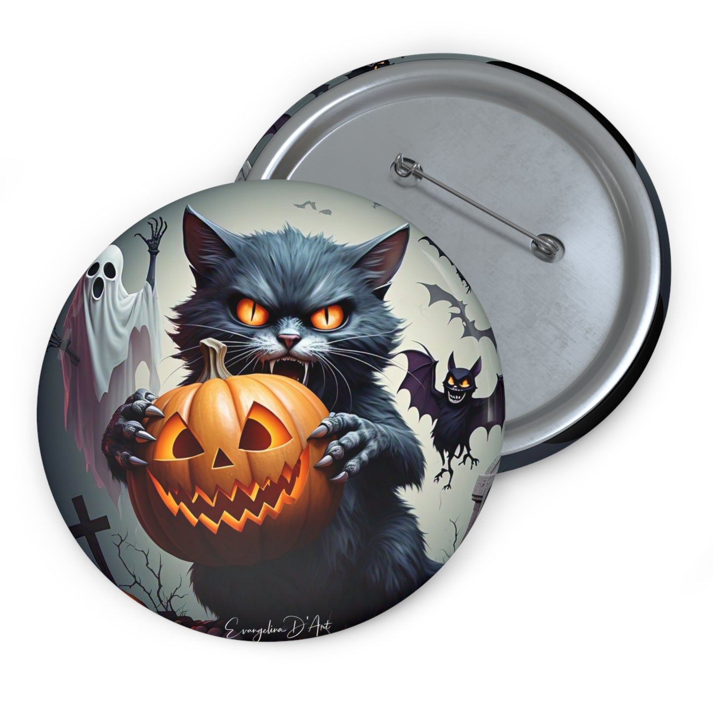 Haunted Pins,Spooky Cute Black Cat Button,Halloween Brooch,Accessory,hallow,Boo