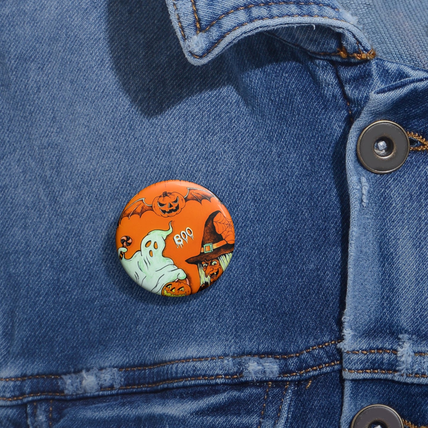 Classic Halloween Art,Pin Button,Spooky,Halloween collectible,Pumpkin,Witch,Boo