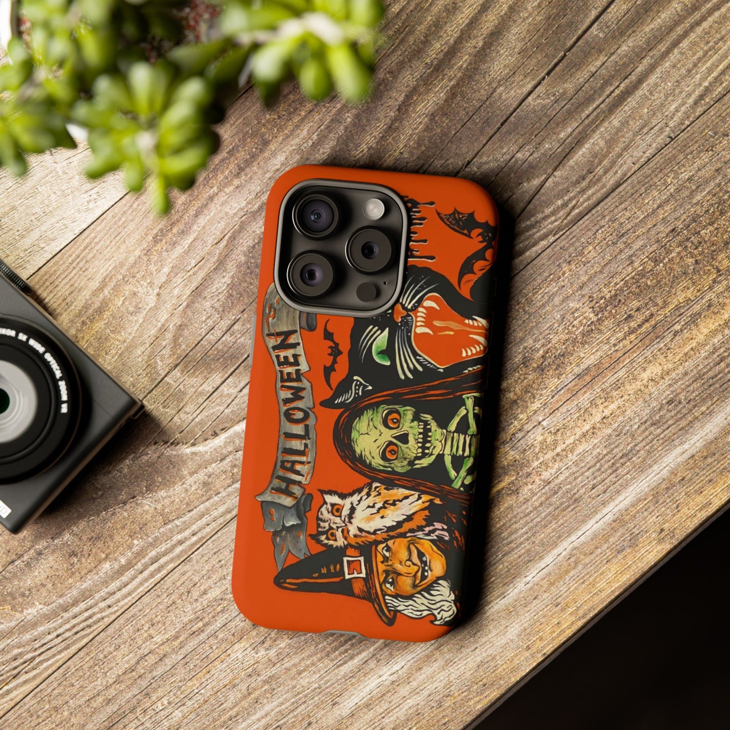 Vintage Halloween Phone Case,Tough Phone Cover,Spooky Accessory, Witch, Cat, Owl