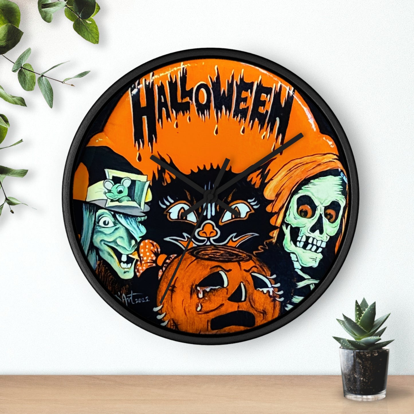 Halloween Wall Clock, Spooky Decor, Black Cat, Timepiece,Witch, Pumpkin,Skeleton
