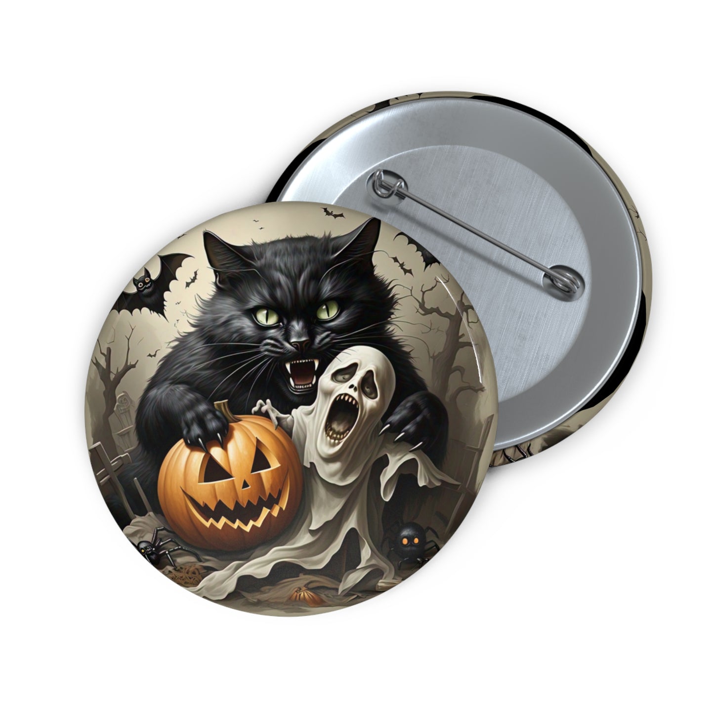 Scary Black Cat Pin Button,Spooky Brooch,Ghost,Bats,Grave,Halloween Gift,Haunted