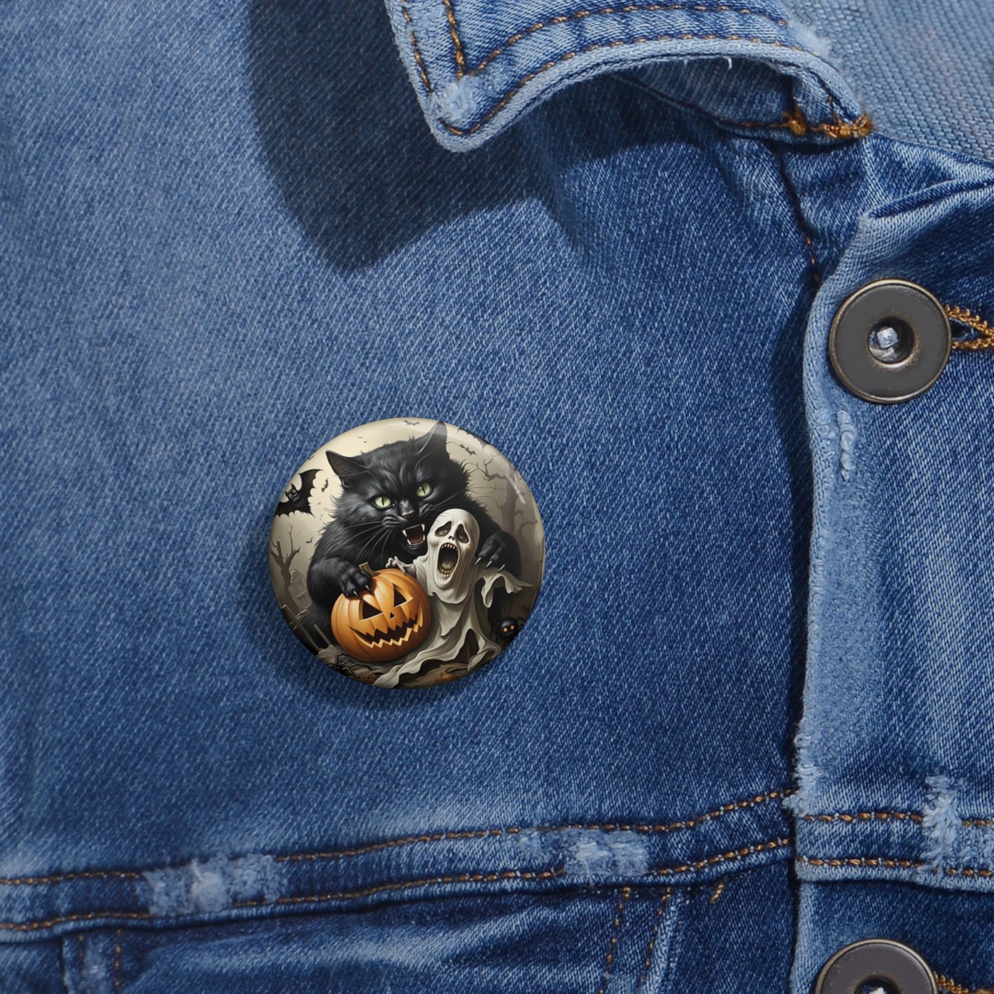 Scary Black Cat Pin Button,Spooky Brooch,Ghost,Bats,Grave,Halloween Gift,Haunted