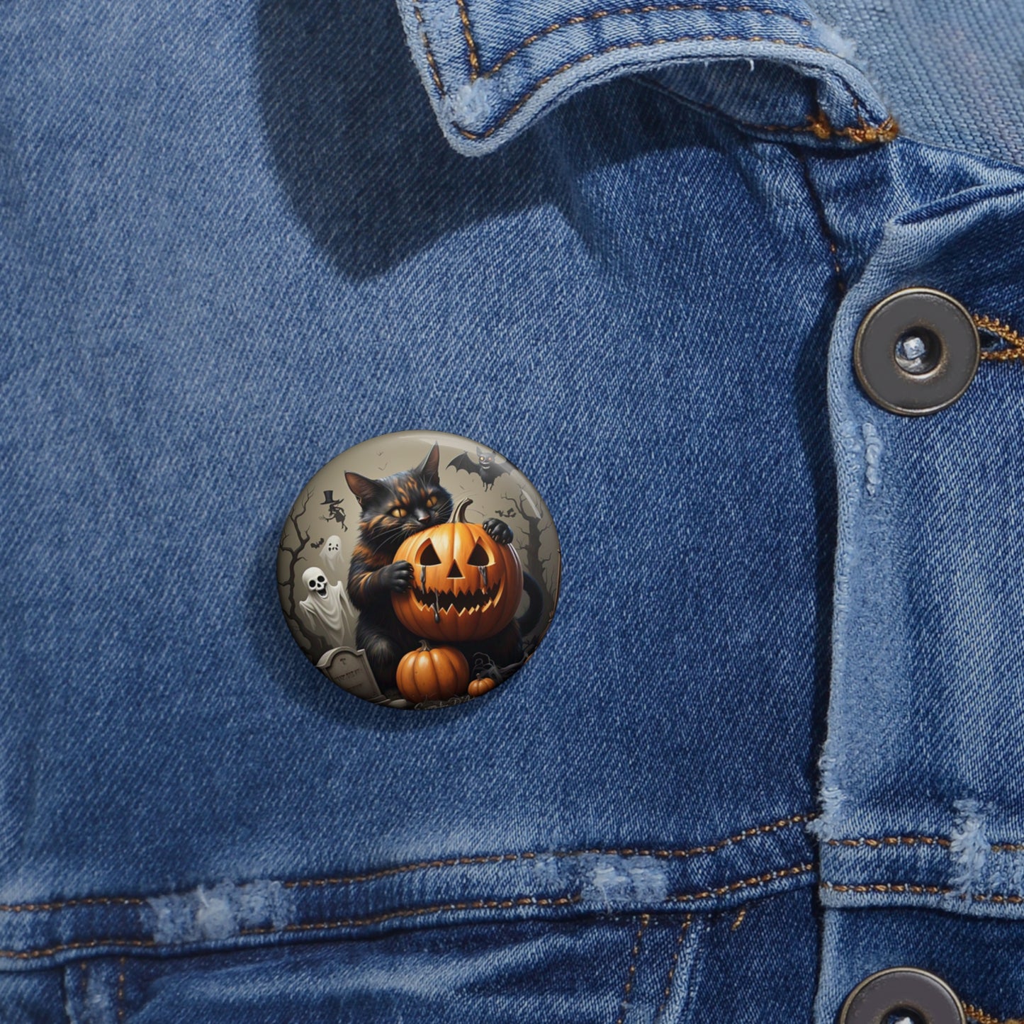 Halloween Cat,Pin Button,Spooky Brooch,Holiday Gift,Accessories,Haunted,Pumpkin