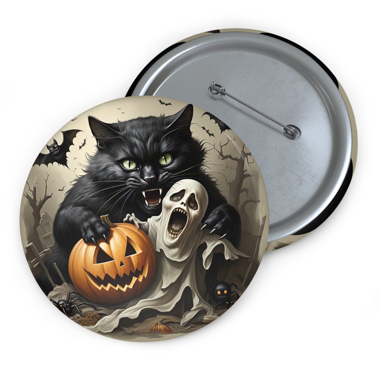 Scary Black Cat Pin Button,Spooky Brooch,Ghost,Bats,Grave,Halloween Gift,Haunted