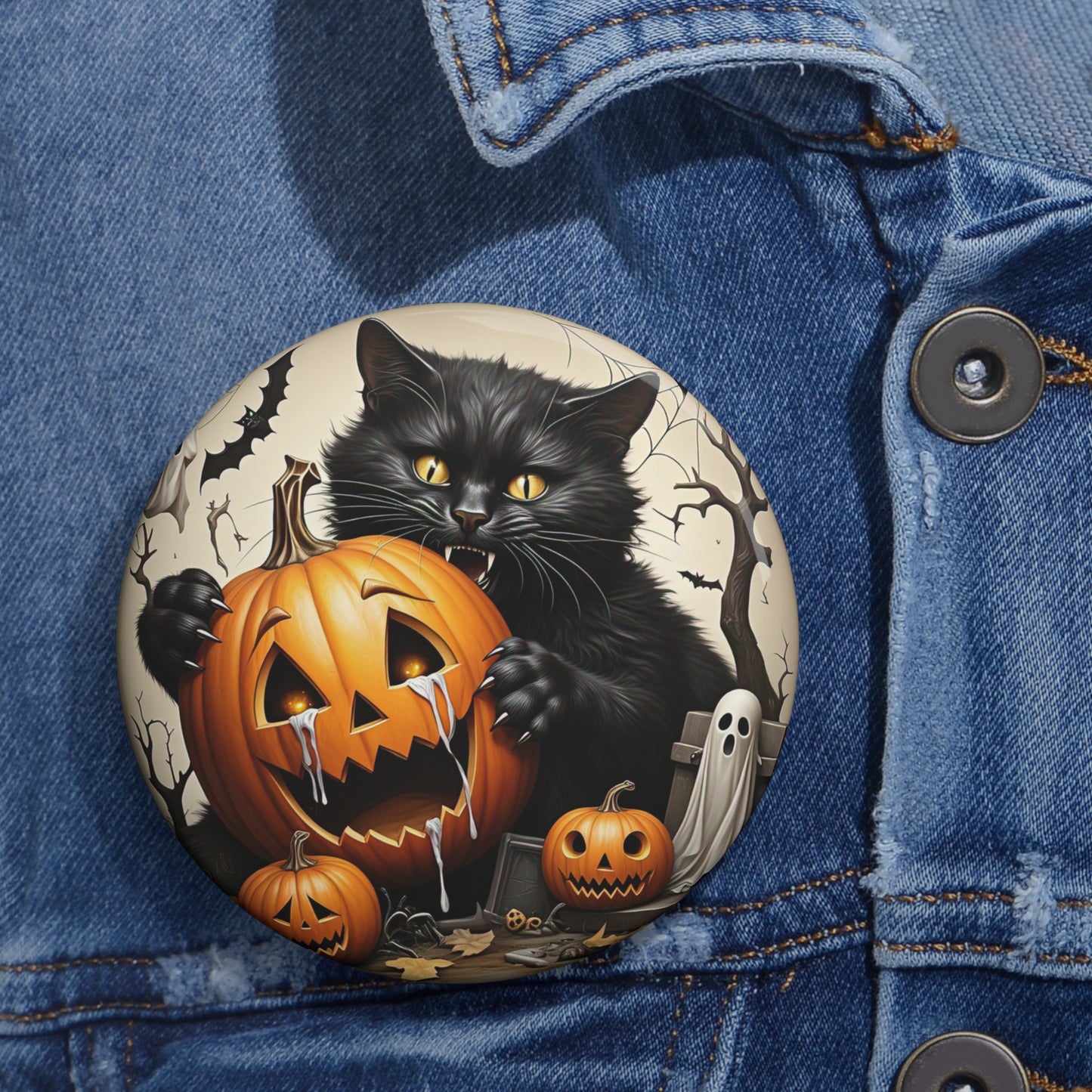 Jack-O-Lantern Pin Button,Black Cat Brooch,Halloween Accessory,Spooky Gift,Ghost
