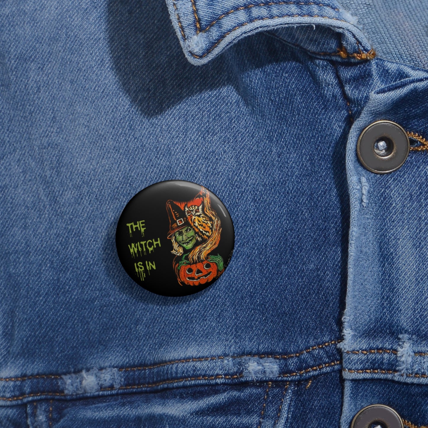 Vintage Halloween Witch Pin Button,Halloween Badge,Spooky Retro Brooch,Pumpkin