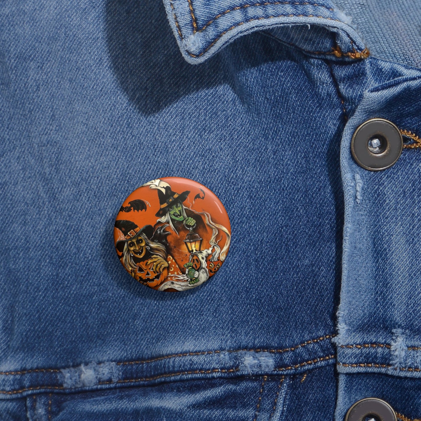 Vintage Halloween Art,Witch Pin Button,Halloween Badge,Spooky Gift,Haunted,Boo