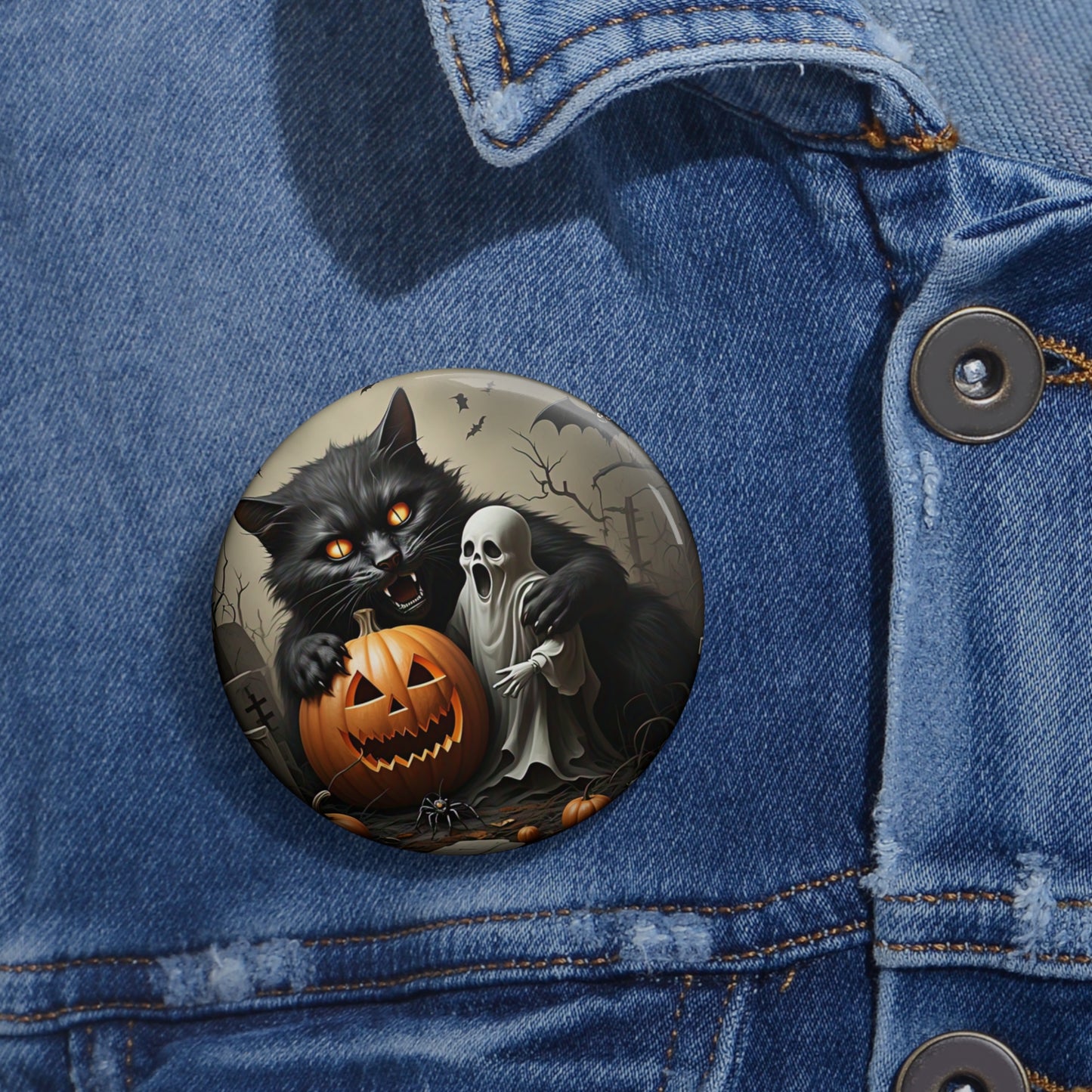 Halloween Black Cat Pin Button,Ghost,Grave,Bat,Jack-o-lantern,Brooch,Collectible
