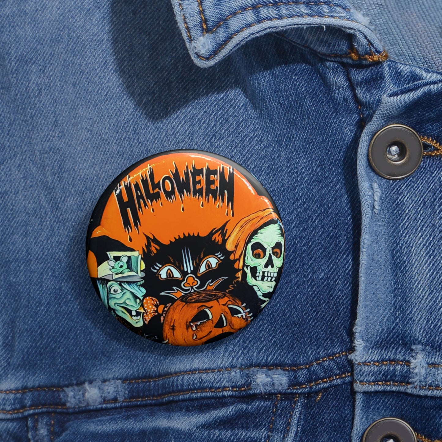 Vintage Halloween Pin Button,Black Cat Brooch,Spooky,Witch,Jack-o-lantern,Retro