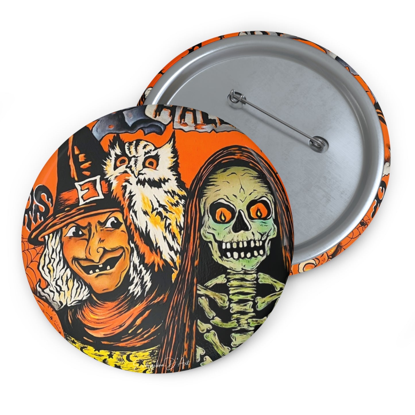 Vintage Halloween Art,Ghost Witch Owl Pin Button,Halloween collectible,Skeleton