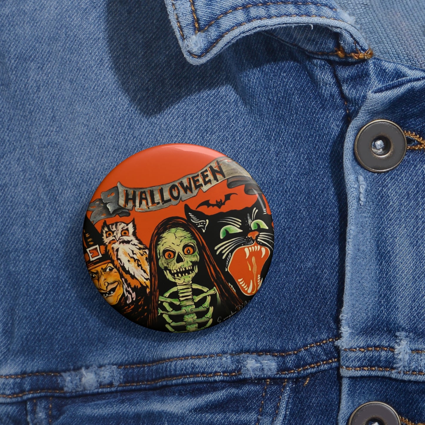 Vintage Halloween,Retro Pin Button,Spooky Gift,Haunted Art,Skeleton,Collectibles