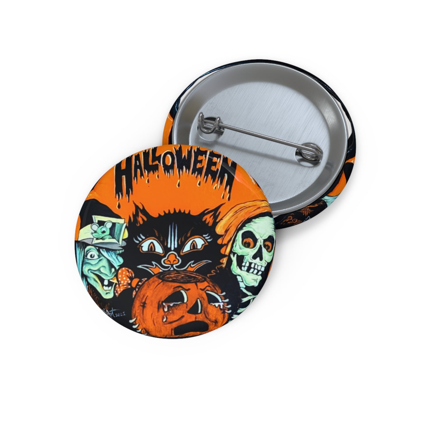 Vintage Halloween Pin Button,Black Cat Brooch,Spooky,Witch,Jack-o-lantern,Retro