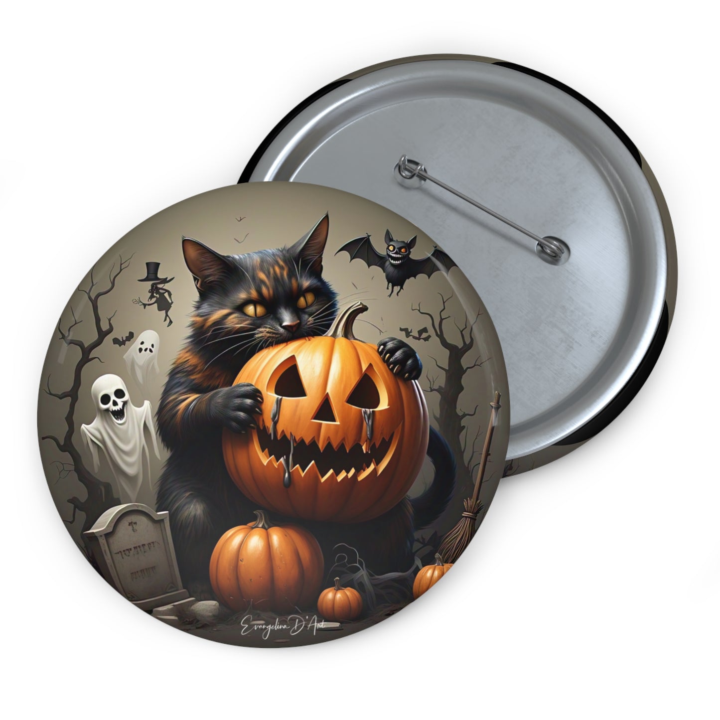 Halloween Cat,Pin Button,Spooky Brooch,Holiday Gift,Accessories,Haunted,Pumpkin