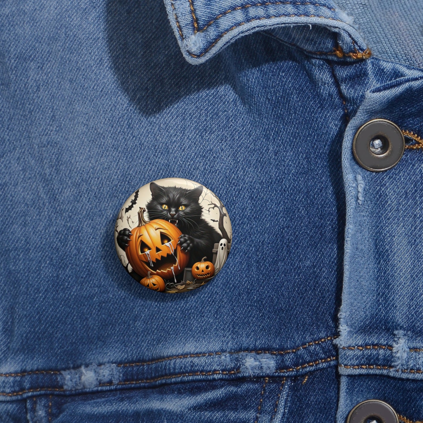 Jack-O-Lantern Pin Button,Black Cat Brooch,Halloween Accessory,Spooky Gift,Ghost