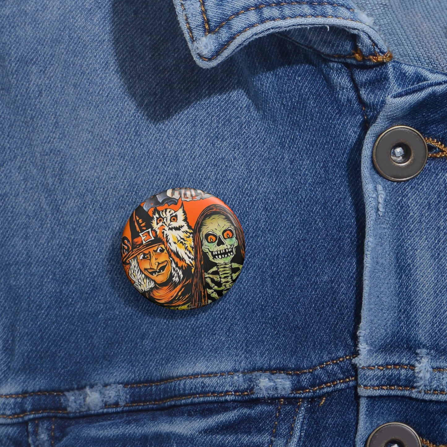 Vintage Halloween Art,Ghost Witch Owl Pin Button,Halloween collectible,Skeleton