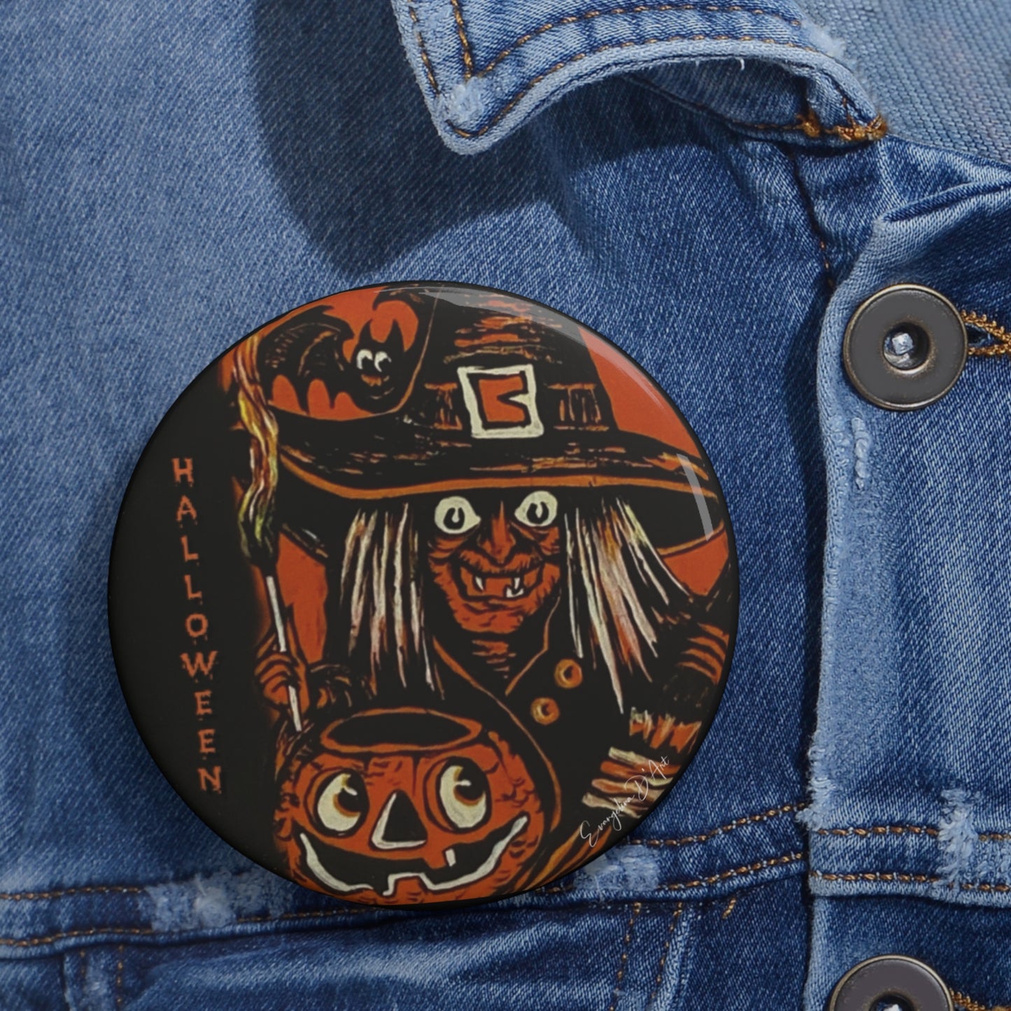 Vintage Halloween Witch Themed Metal Pin Button, retro vintage, accessories