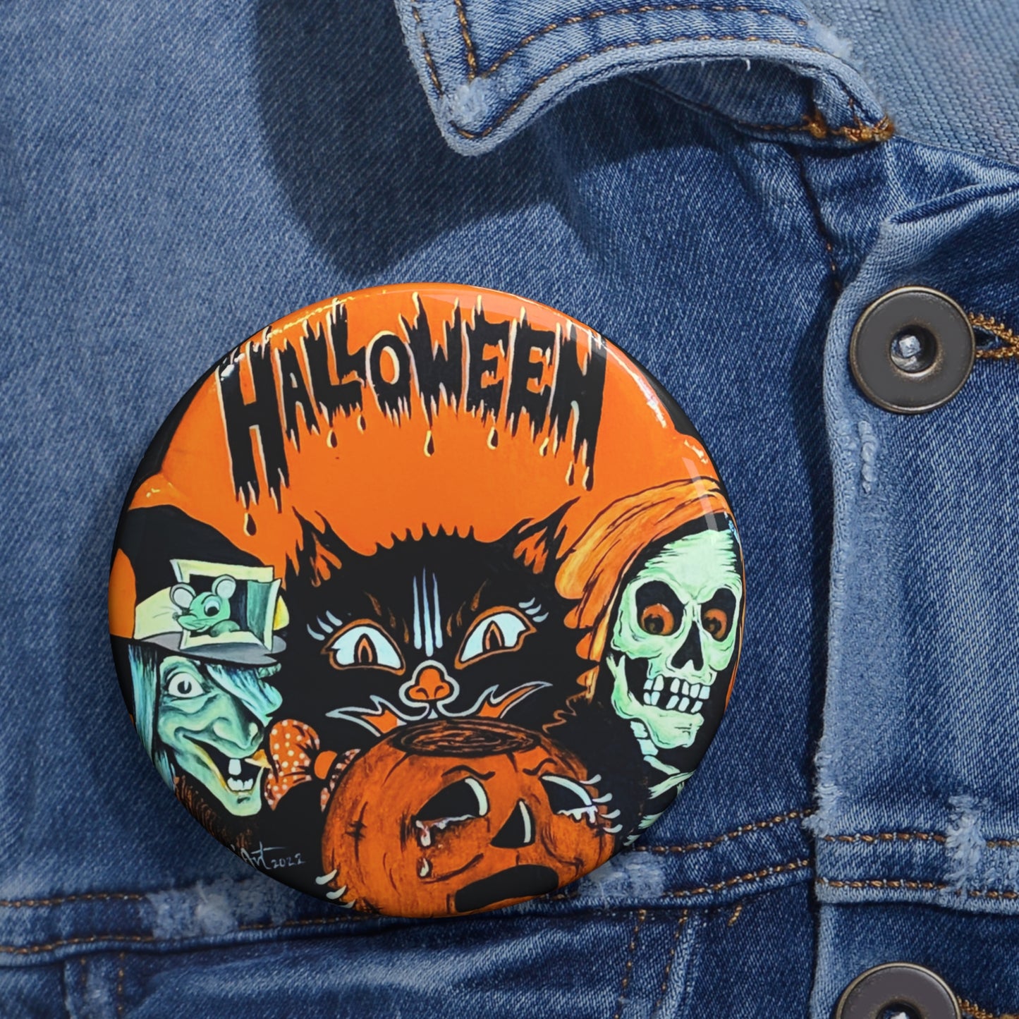 Vintage Halloween Pin Button,Black Cat Brooch,Spooky,Witch,Jack-o-lantern,Retro