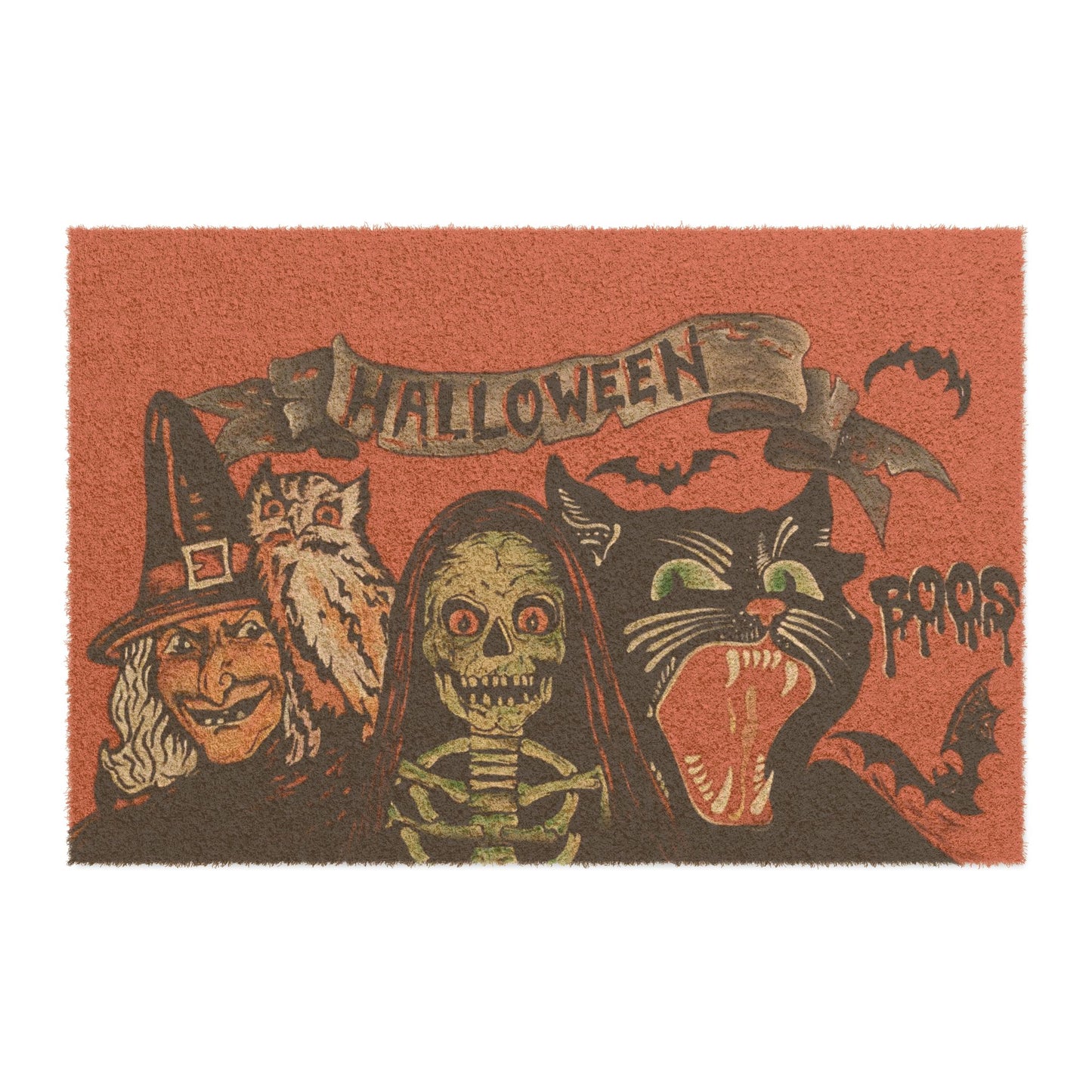 Halloween Vintage Doormat — Witch, Skeleton & Black Cat Welcome Mat