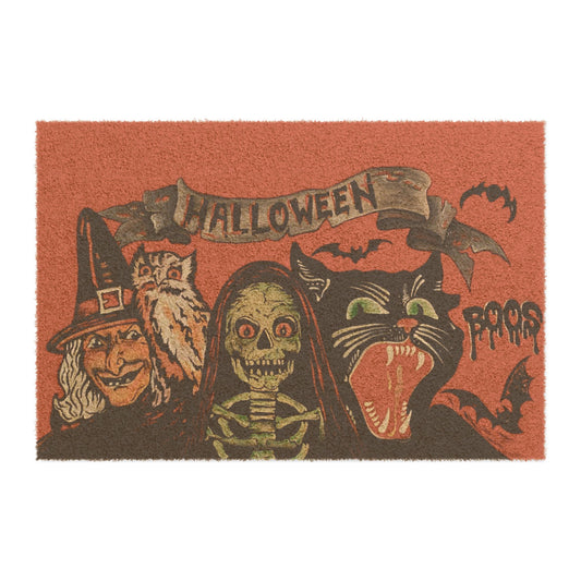 Halloween Vintage Doormat — Witch, Skeleton & Black Cat Welcome Mat