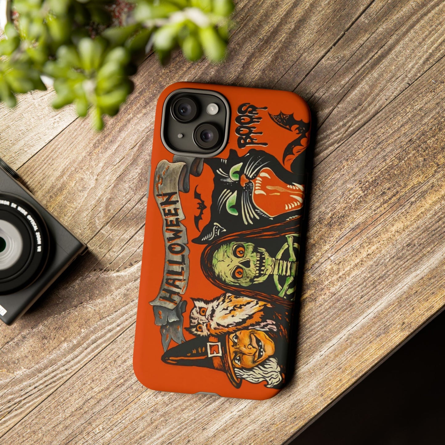 Vintage Halloween Phone Case,Tough Phone Cover,Spooky Accessory, Witch, Cat, Owl