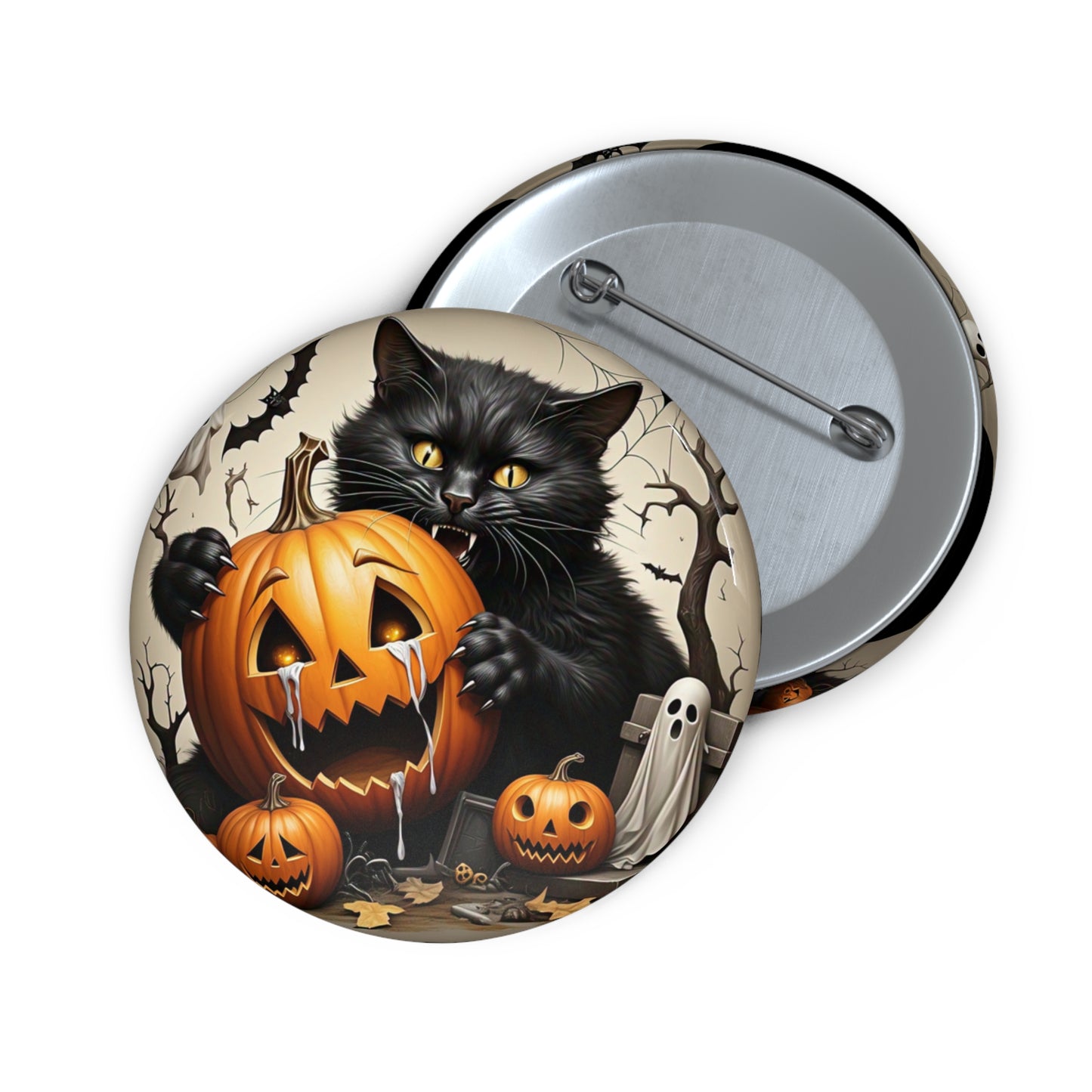 Jack-O-Lantern Pin Button,Black Cat Brooch,Halloween Accessory,Spooky Gift,Ghost