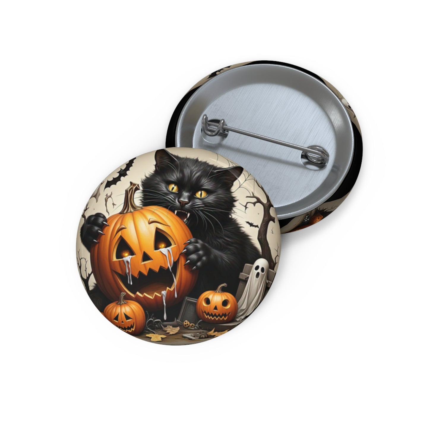 Jack-O-Lantern Pin Button,Black Cat Brooch,Halloween Accessory,Spooky Gift,Ghost