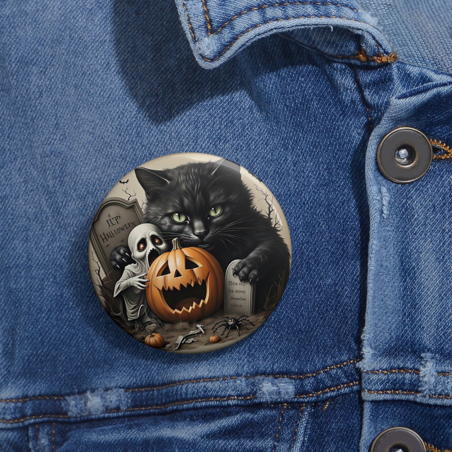Haunted Halloween,Black Cat Pin Button,Ghost Brooch,Holiday Accessory,Spooky Pin