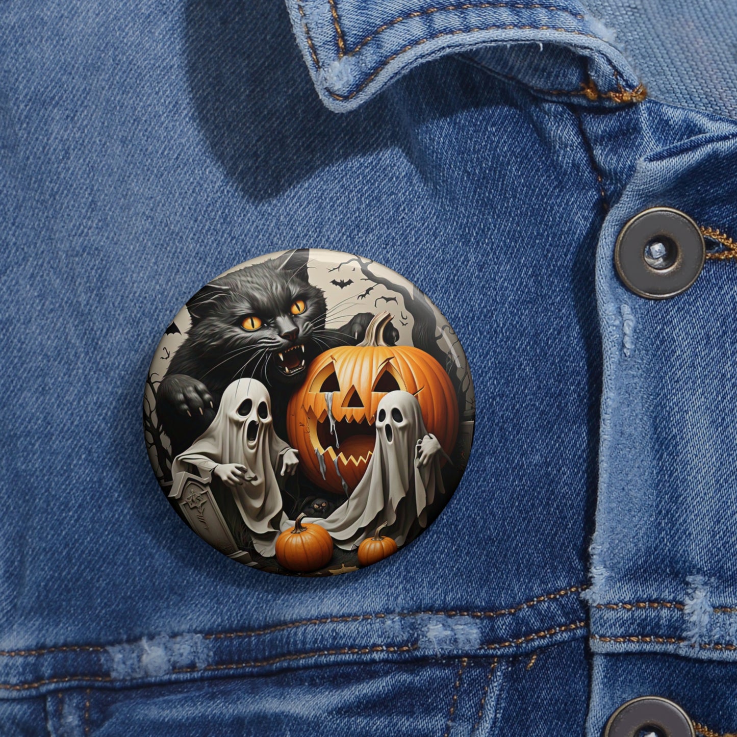 Halloween Ghost Pin Button,Black Cat Brooch,Accessories,Spooky Gift,Trick Treat