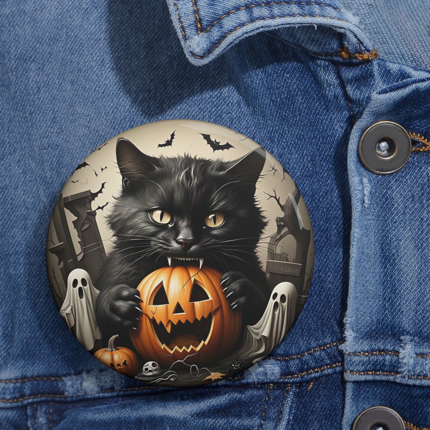 Halloween Pin Button,Spooky Black Cat,Brooch,Holiday Accessory,Halloween costume