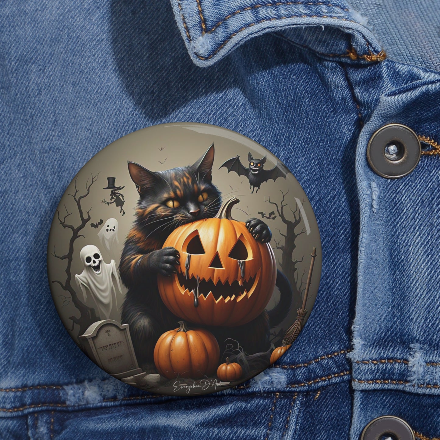 Halloween Cat,Pin Button,Spooky Brooch,Holiday Gift,Accessories,Haunted,Pumpkin