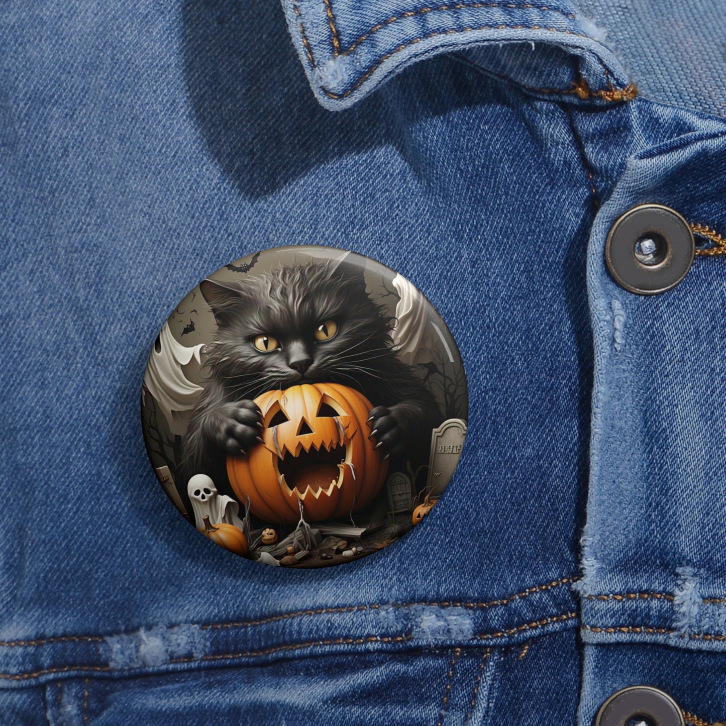 Happy Halloween Black Cat Pin Button,Pumpkin Brooch,Ghost Accessory,Spooky Pin