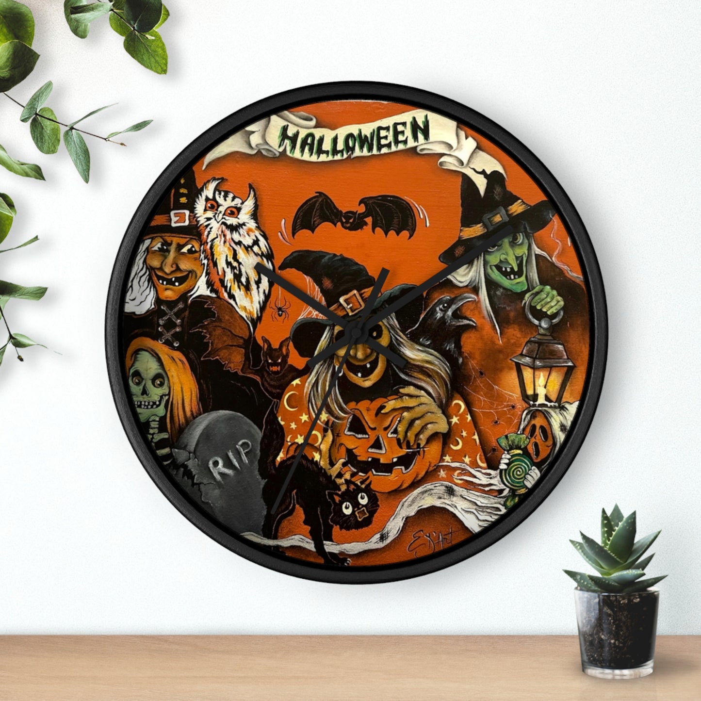 Halloween Wall Clock, Spooky Decor, Trick or Treat Timepiece, Witch, Pumpkin