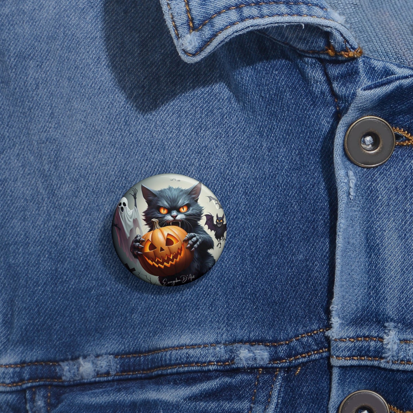 Haunted Pins,Spooky Cute Black Cat Button,Halloween Brooch,Accessory,hallow,Boo